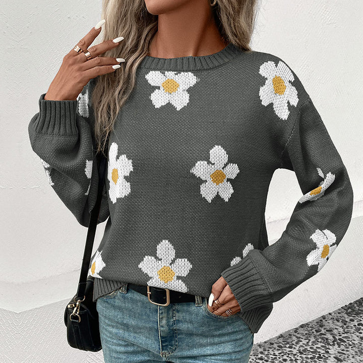 Damen Oversize-Strickpullover mit Blumenjacquard, Rundhalsausschnitt und Ballonärmeln Echoarchiv