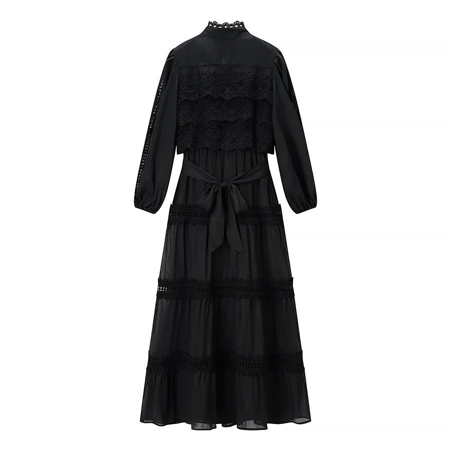 Damen romantisches Maxikleid mit Stehkragen, Knopfleiste und gehäkelten Spitzeneinsätzen – Valéora