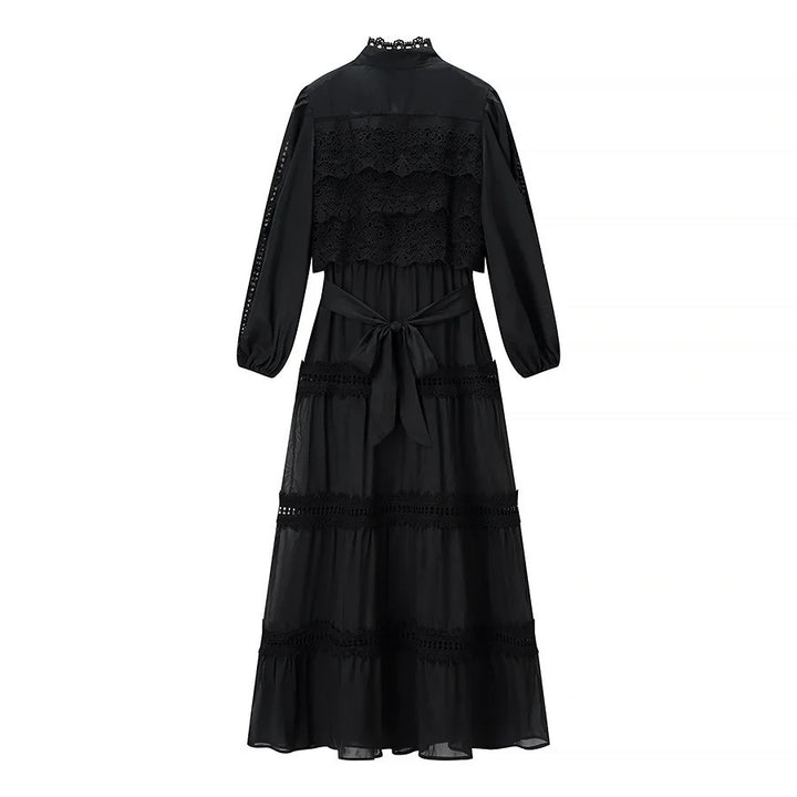 Damen romantisches Maxikleid mit Stehkragen, Knopfleiste und gehäkelten Spitzeneinsätzen – Valéora