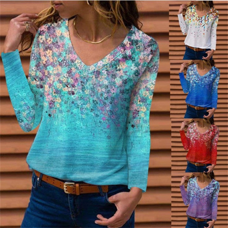 Damen Langarm V-Ausschnitt-Tunika mit floralem Aquarellprint und leichter Jersey-Qualität Echo Archiv