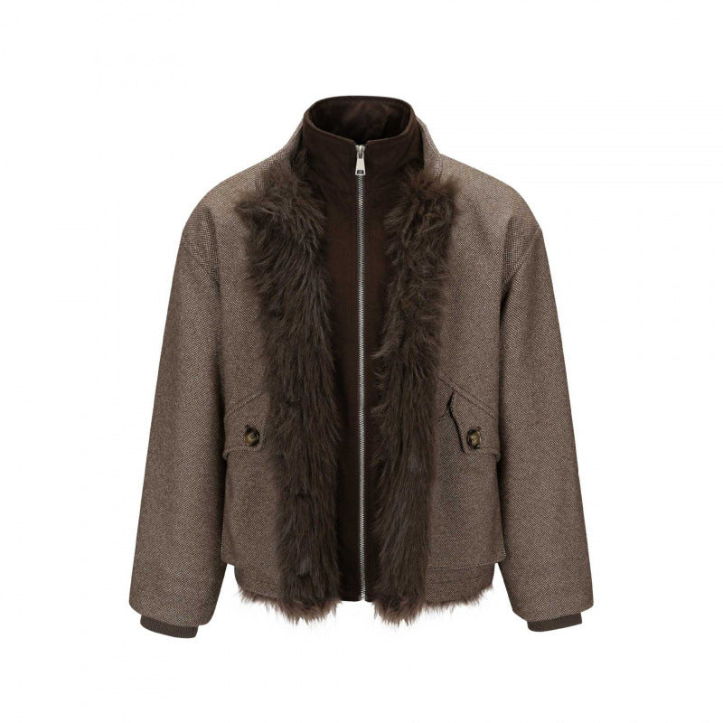 Damen Kurze Boxy-Jacke mit Teddyfutter, Stehkragen und Pattentaschen Echo Archiv