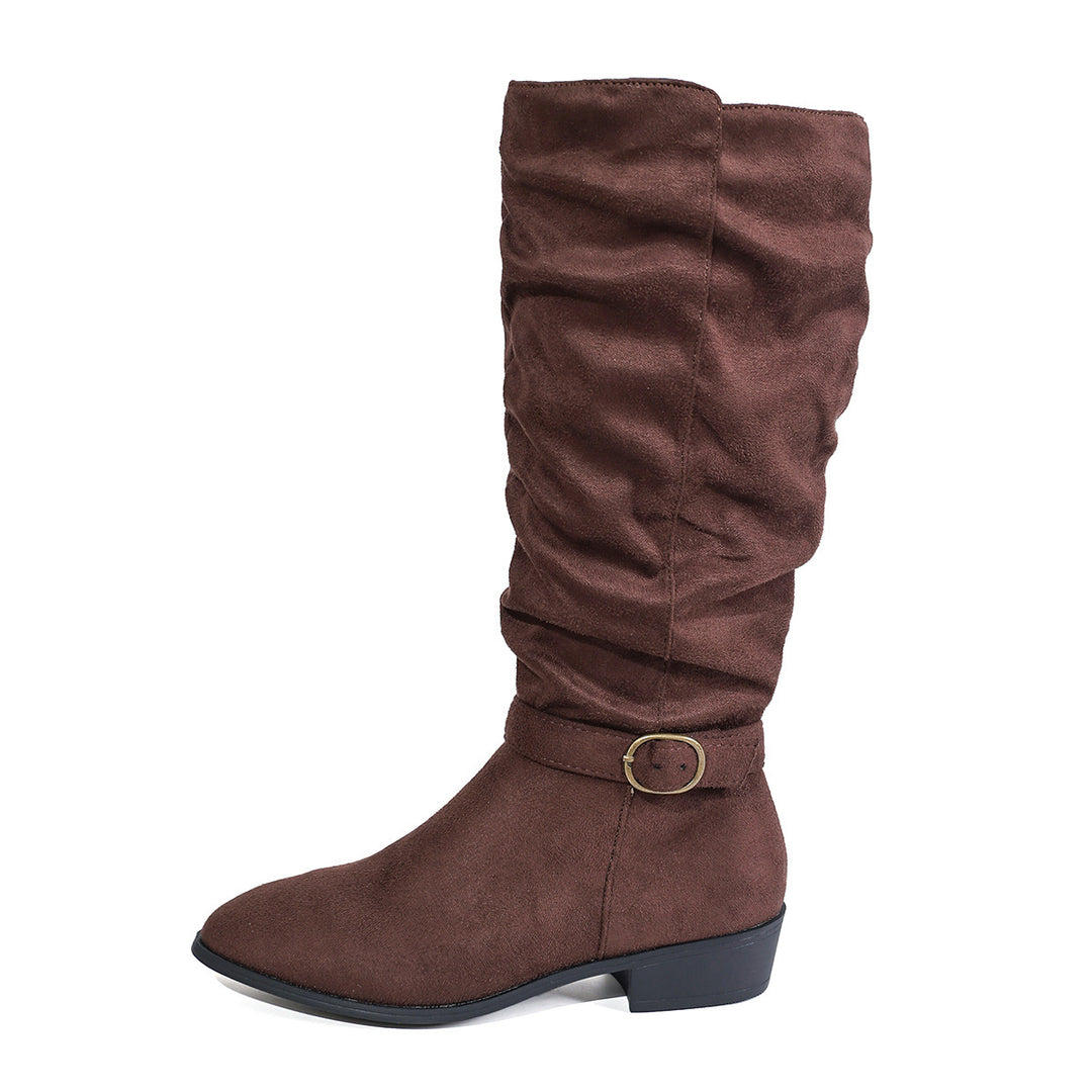 Damen kniehoher Slouch-Stiefel aus weichem Microvelours mit Ziergurt und niedrigem Blockabsatz Echo Archiv