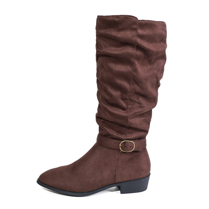 Damen kniehoher Slouch-Stiefel aus weichem Microvelours mit Ziergurt und niedrigem Blockabsatz Echo Archiv