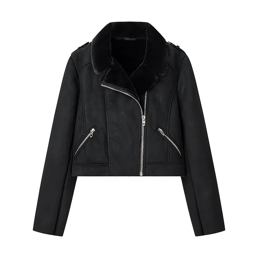 Damen kurze Bikerjacke aus Veloursimitat mit Teddyfutter und asymmetrischer Metall-Reißverschluss – Célinea