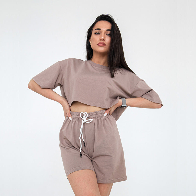 Damen Zweiteiliges Cropped-Lounge-Set aus Baumwolljersey mit elastischer Kordelzug-Shorts – Élanora