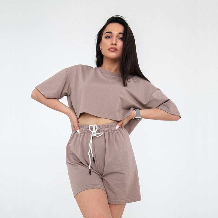Damen Zweiteiliges Cropped-Lounge-Set aus Baumwolljersey mit elastischer Kordelzug-Shorts – Élanora