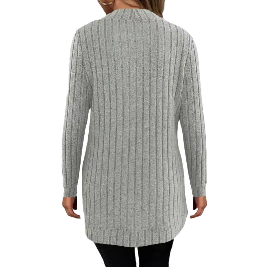 Damen Langer Offener Rippstrick-Cardigan mit abgerundetem Saum – Veloura