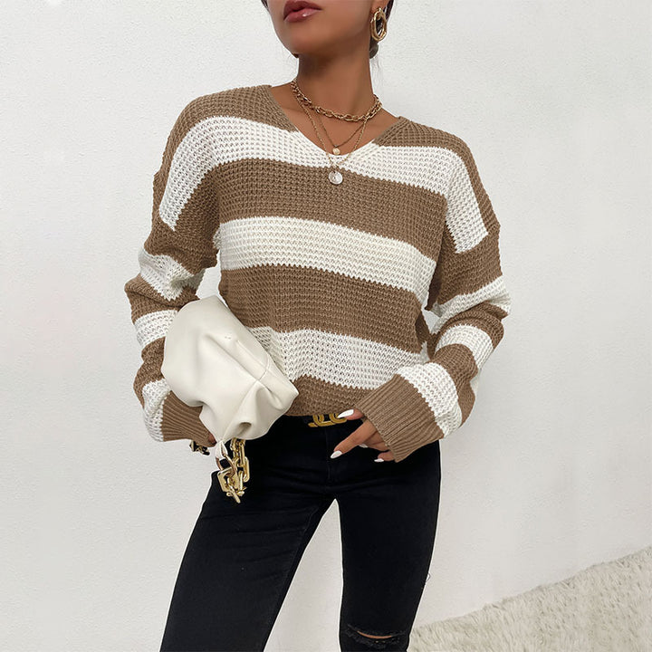 Damen Gestreifter Strickpullover mit V‑Ausschnitt und lässiger Oversize‑Passform Echoarchiv