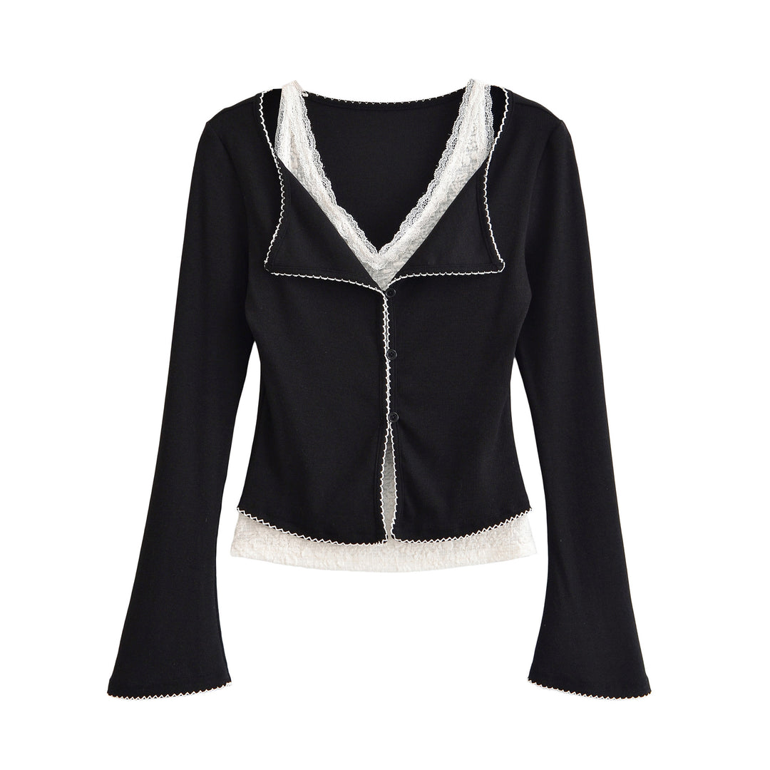 Damen Taillierter Buttoncardigan mit Spitzenbesatz und ausgestellten Ärmeln Echoarchiv