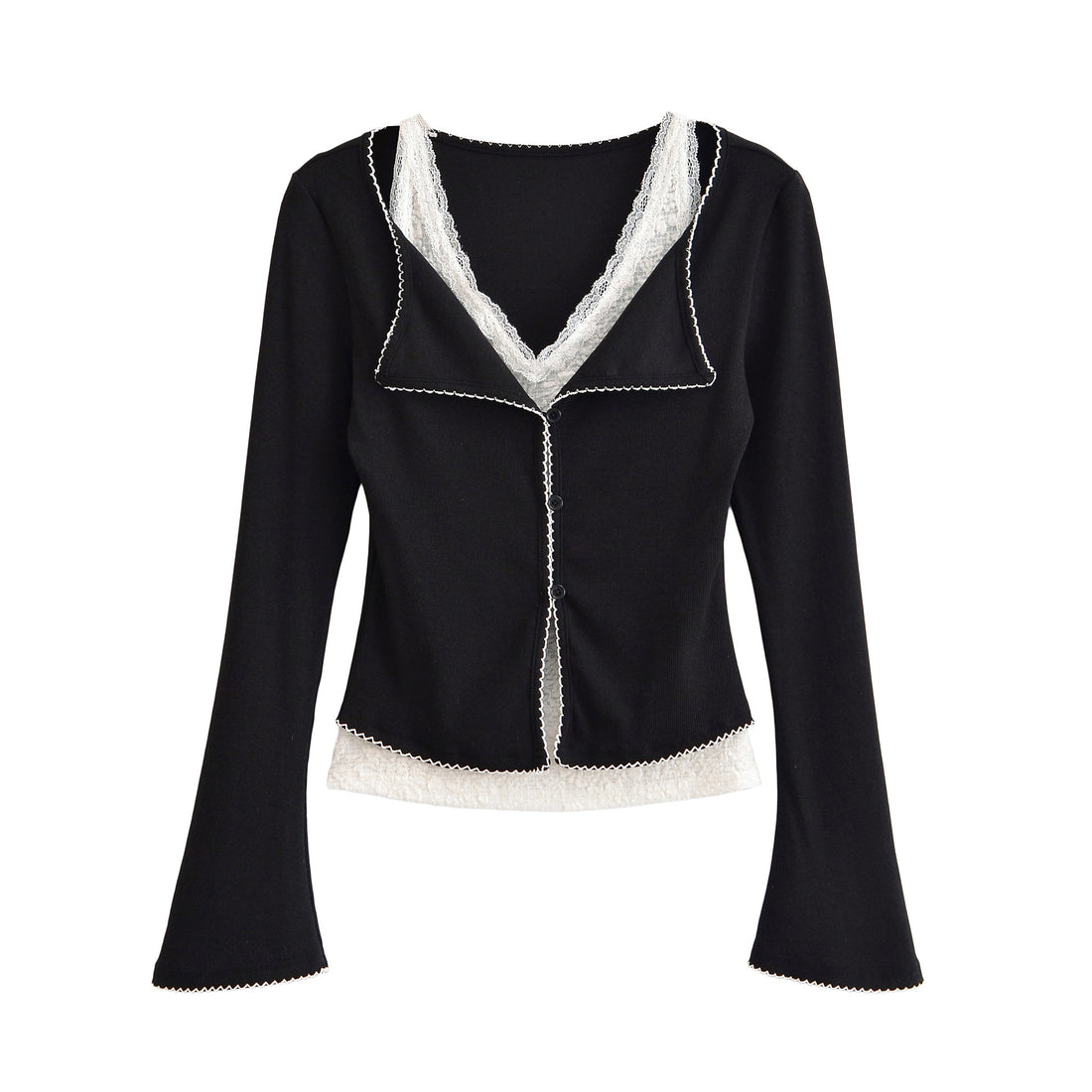 Damen Taillierter Buttoncardigan mit Spitzenbesatz und ausgestellten Ärmeln Echoarchiv
