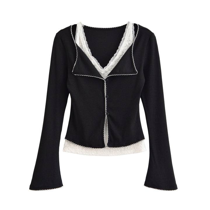 Damen Taillierter Buttoncardigan mit Spitzenbesatz und ausgestellten Ärmeln Echoarchiv