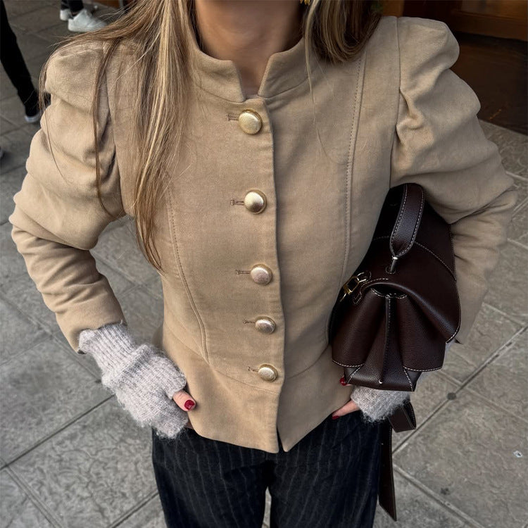 Damen Taillierter Wildlederoptik-Blazer mit Stehkragen und goldenen Zierknöpfen Echoarchiv