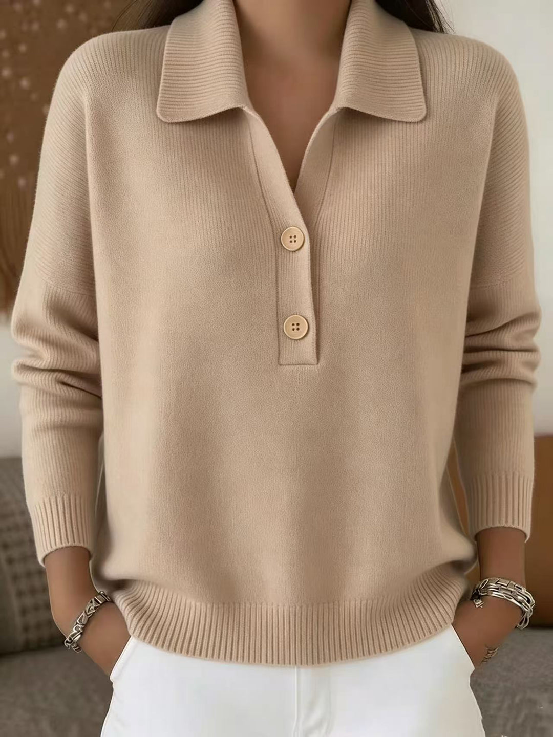 Damen lässiger Feinstrickpullover mit Polokragen und Zwei-Knopf-Leiste Echoarchiv