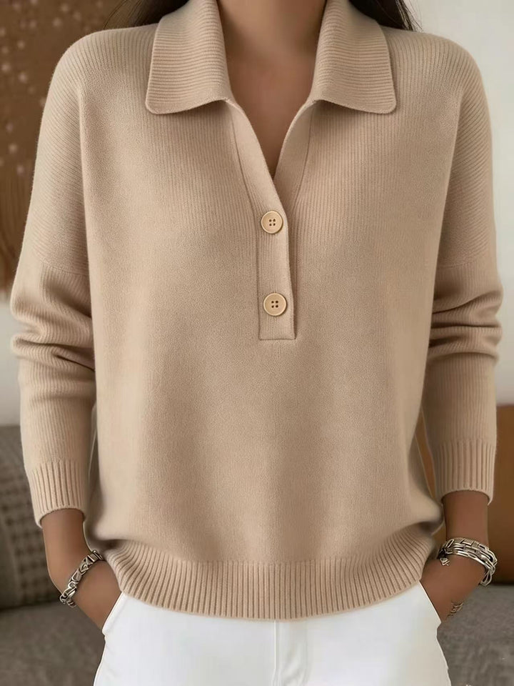 Damen lässiger Feinstrickpullover mit Polokragen und Zwei-Knopf-Leiste Echoarchiv
