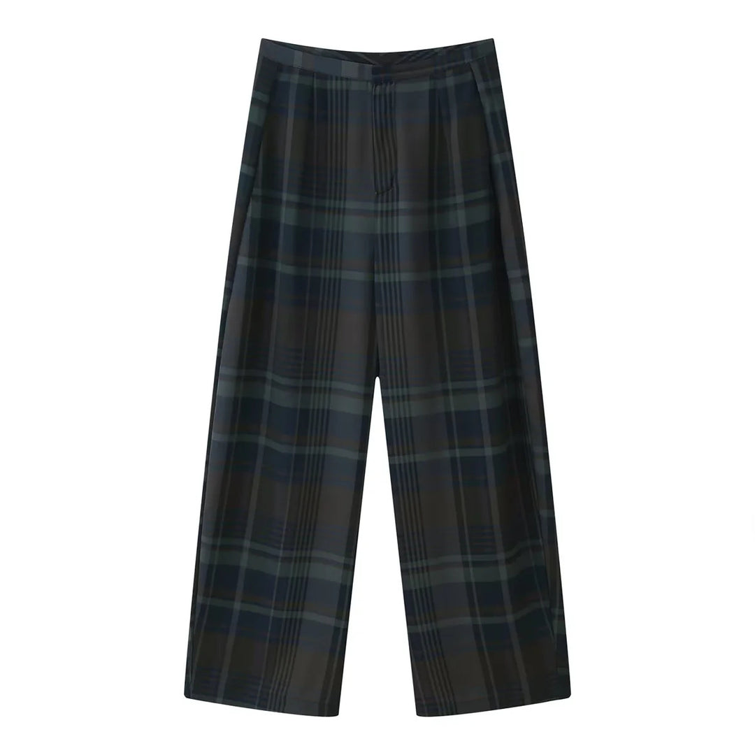 Damen nan weite Karohose mit hoher Taille, fließender Wide‑Leg‑Silhouette und verdecktem Elastikbund Echo Archiv