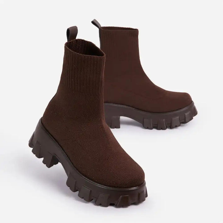 Damen Strick‑Sock‑Boots mit grober Lug‑Sohle und integriertem Komfortkeil Echo Archiv