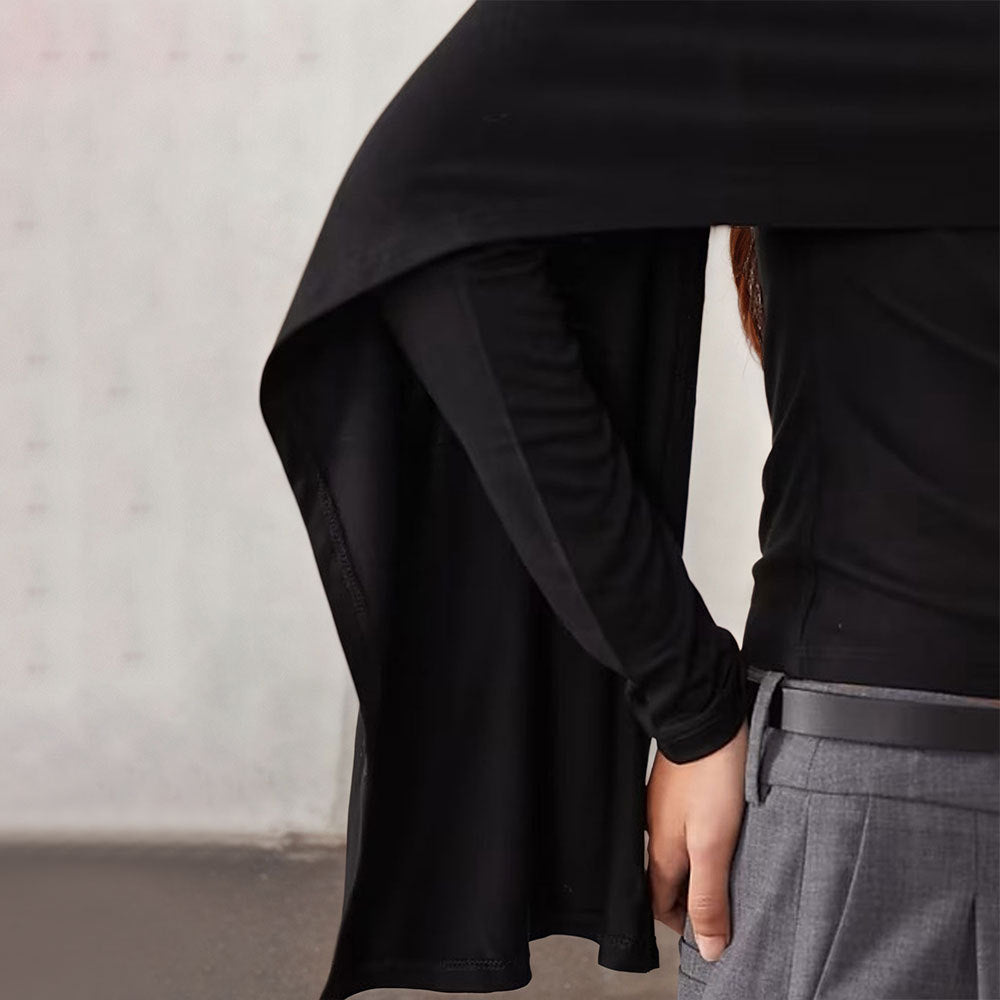 Damen asymmetrisches Cape-Longsleeve mit hohem Kragen und fließendem Overlay – Avérine