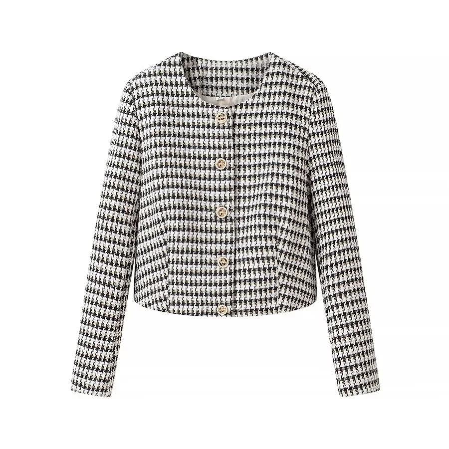 Damen kurzer Bouclé-Blazer im Cropped‑Stil mit Hahnentrittmuster, Rundhalsausschnitt und Zierknöpfen – Célinea