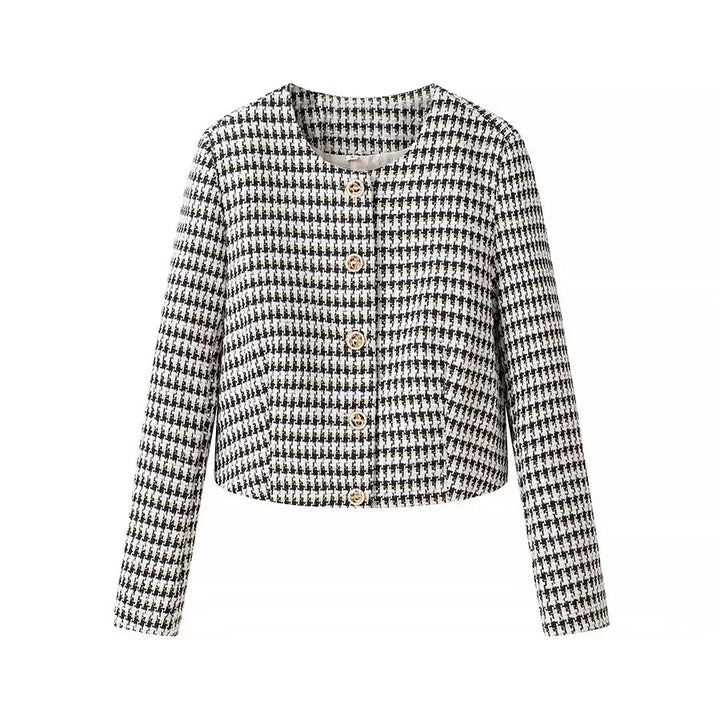 Damen kurzer Bouclé-Blazer im Cropped‑Stil mit Hahnentrittmuster, Rundhalsausschnitt und Zierknöpfen – Célinea