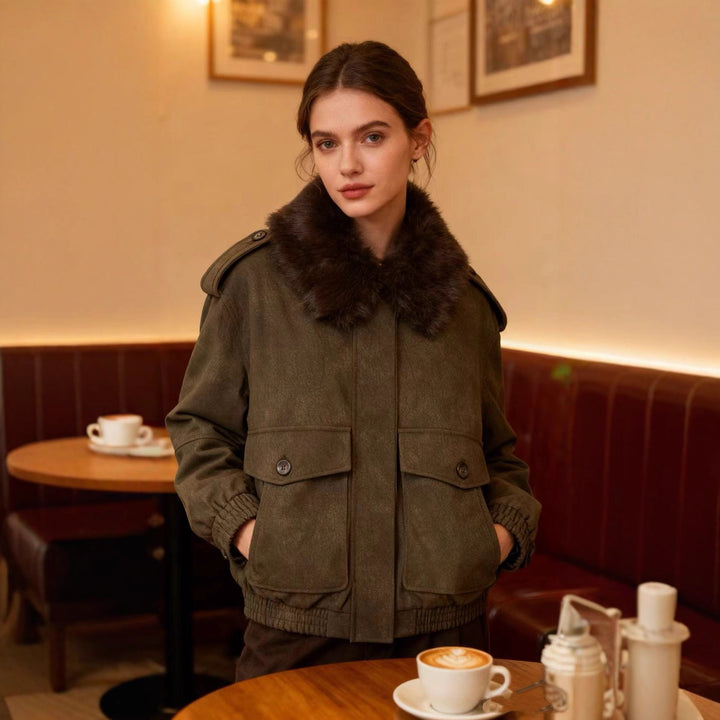 Damen Kurzjacke in Velourslederoptik mit abnehmbarem Fellkragen und Pattentaschen Echo Archiv