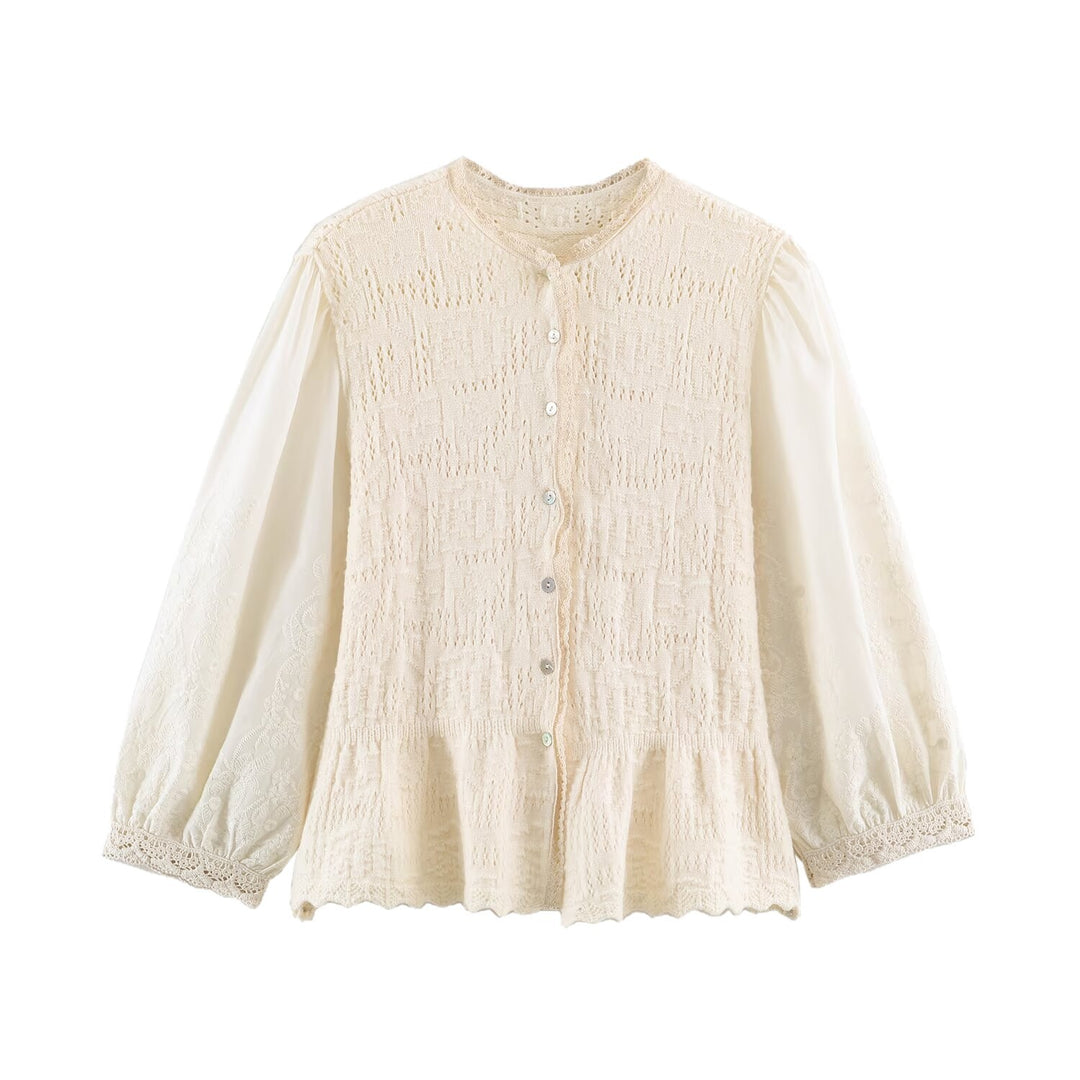 Damen Feinstrick-Cardigan im Blusenstil mit bestickten Puffärmeln und Volantbund Echoarchiv