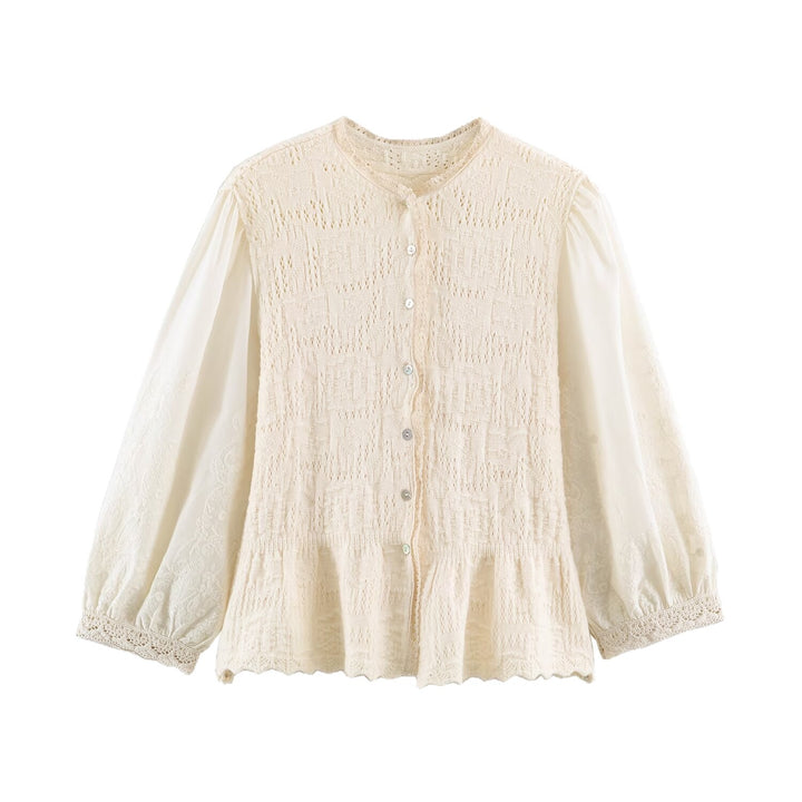 Damen Feinstrick-Cardigan im Blusenstil mit bestickten Puffärmeln und Volantbund Echoarchiv
