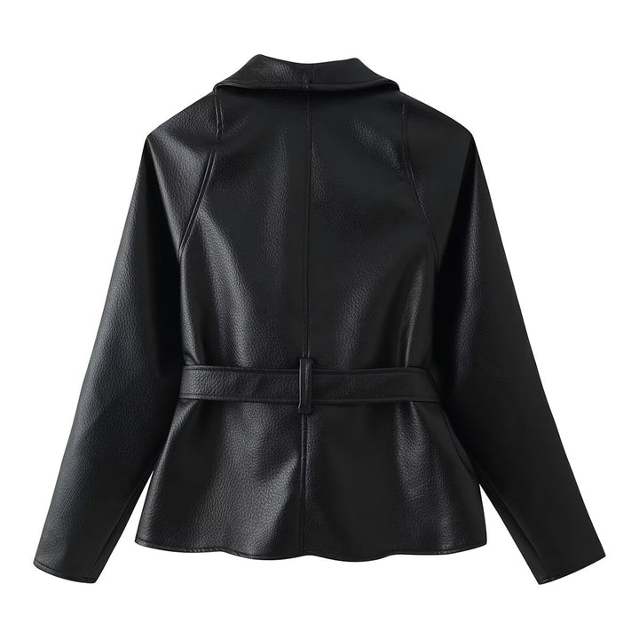 Damen Taillierte Kunstleder-Jacke mit Schalkragen und Bindegürtel Echo Archiv