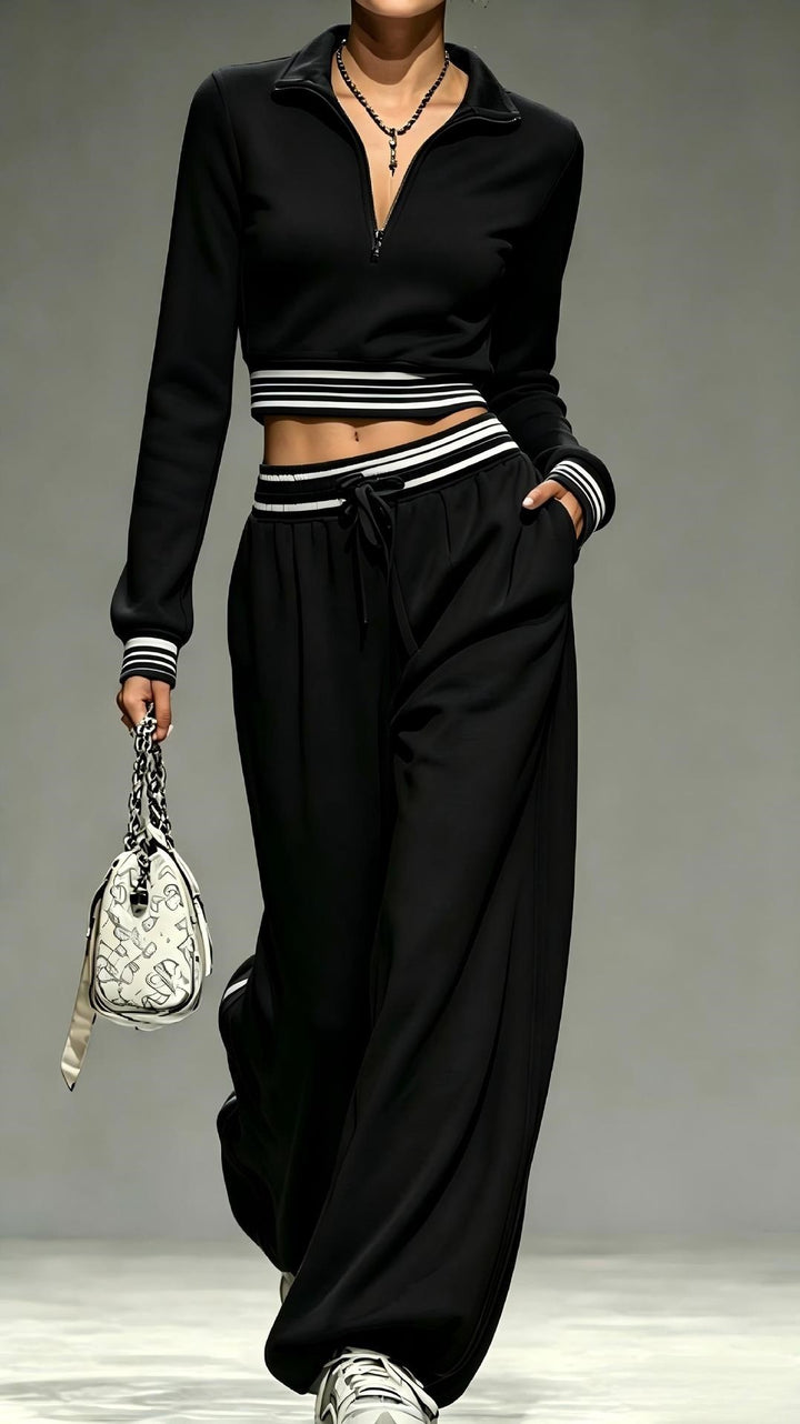 Damen Cropped-Trainingsset mit halbem Reißverschlusskragen und weitem Bundfalten-Jogger Echoarchiv