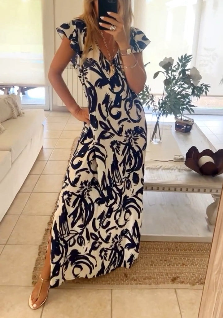 Damen nan fließendes Maxikleid mit V-Ausschnitt, Flügelärmeln und seitlichem Beinschlitz Echo Archiv
