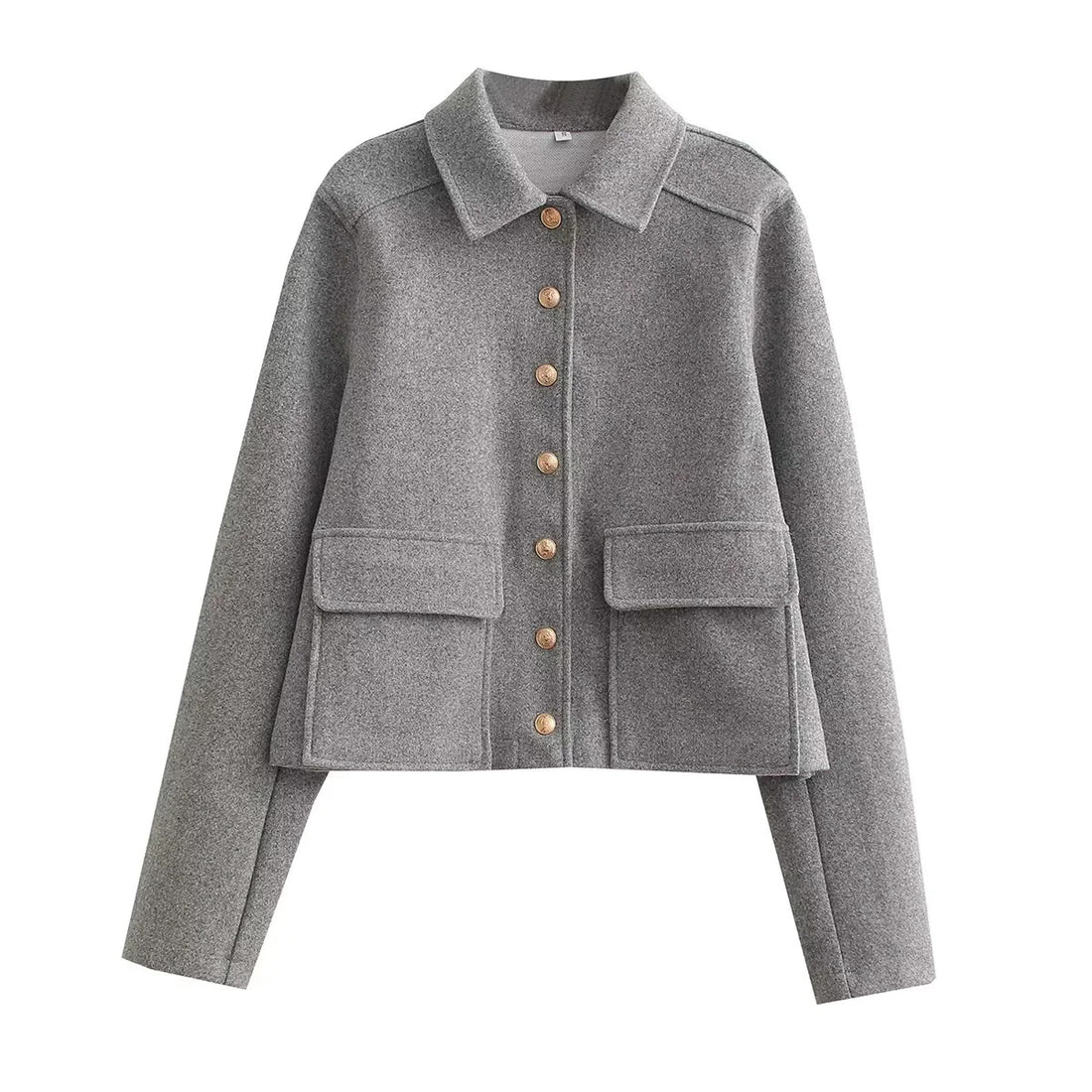 Damen kurzer Wollmix Overshirt mit aufgesetzten Klappentaschen und Zierknopfleiste – Célinea