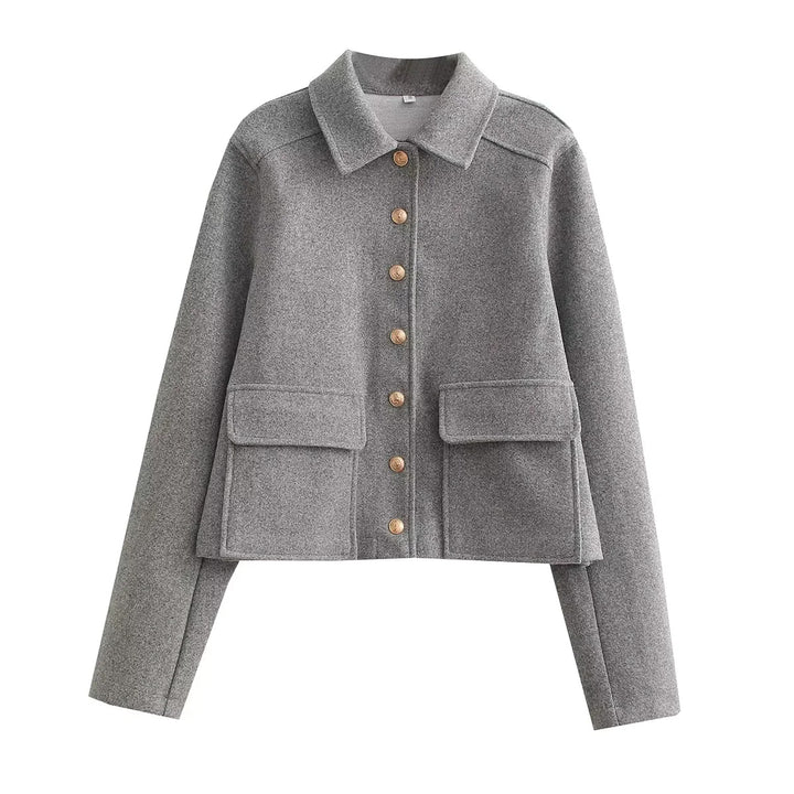 Damen kurzer Wollmix Overshirt mit aufgesetzten Klappentaschen und Zierknopfleiste – Célinea