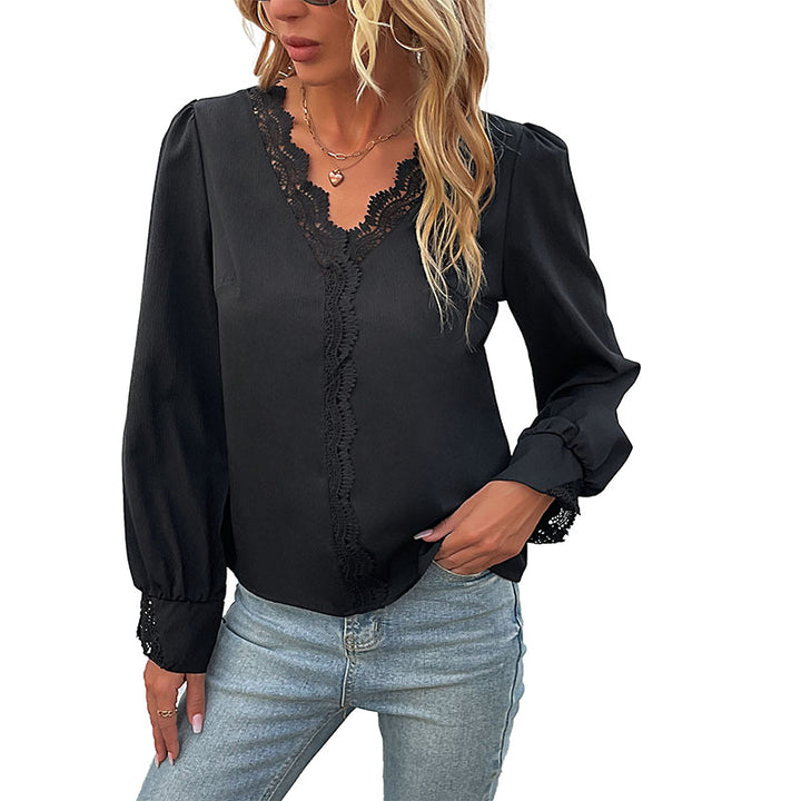 Damen Elegante V-Ausschnitt-Bluse mit Spitzenbesatz und langen Ballonärmeln Echoarchiv