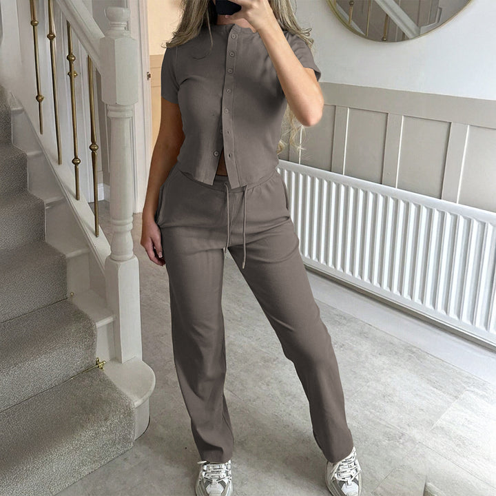 Damen Bequemes Zweiteiliges Set mit Kurzarmoberteil und lockerer Hose Echo Archiv