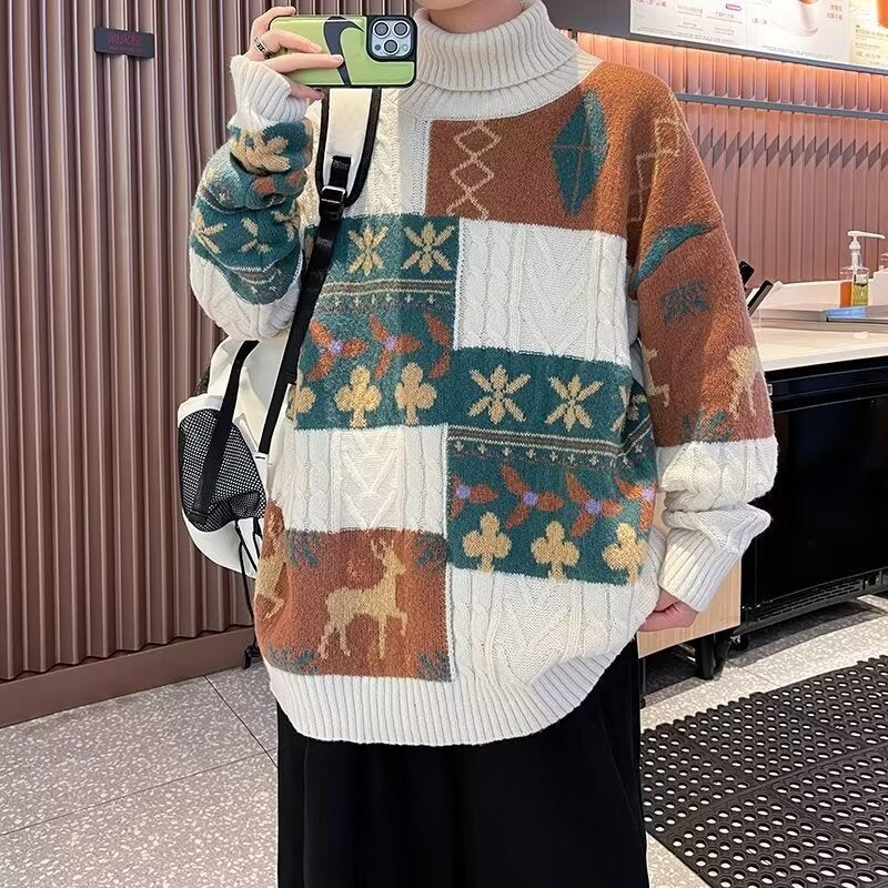 Damen Gemusterter Oversized Pullover mit Stehkragen Echoarchiv