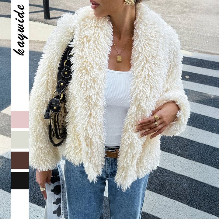 Damen flauschiger Teddy-Mantel mit Oversize-Schalkragen, kurzer Länge und geradem Schnitt – Montévia