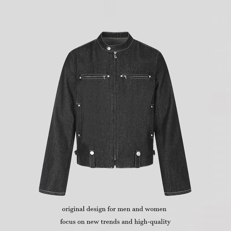 Damen kurze Denim-Bikerjacke mit Stehkragen, Reißverschluss und Druckknopfdetails Echoarchiv