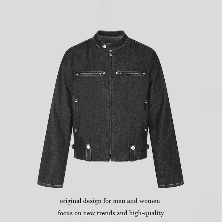 Damen kurze Denim-Bikerjacke mit Stehkragen, Reißverschluss und Druckknopfdetails Echoarchiv
