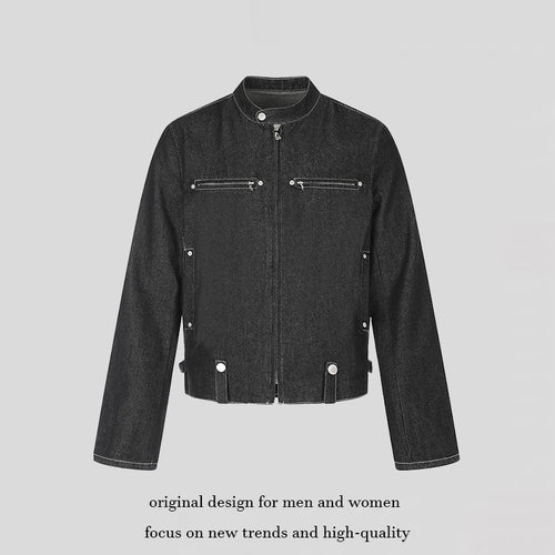 Damen kurze Denim-Bikerjacke mit Stehkragen, Reißverschluss und Druckknopfdetails Echoarchiv