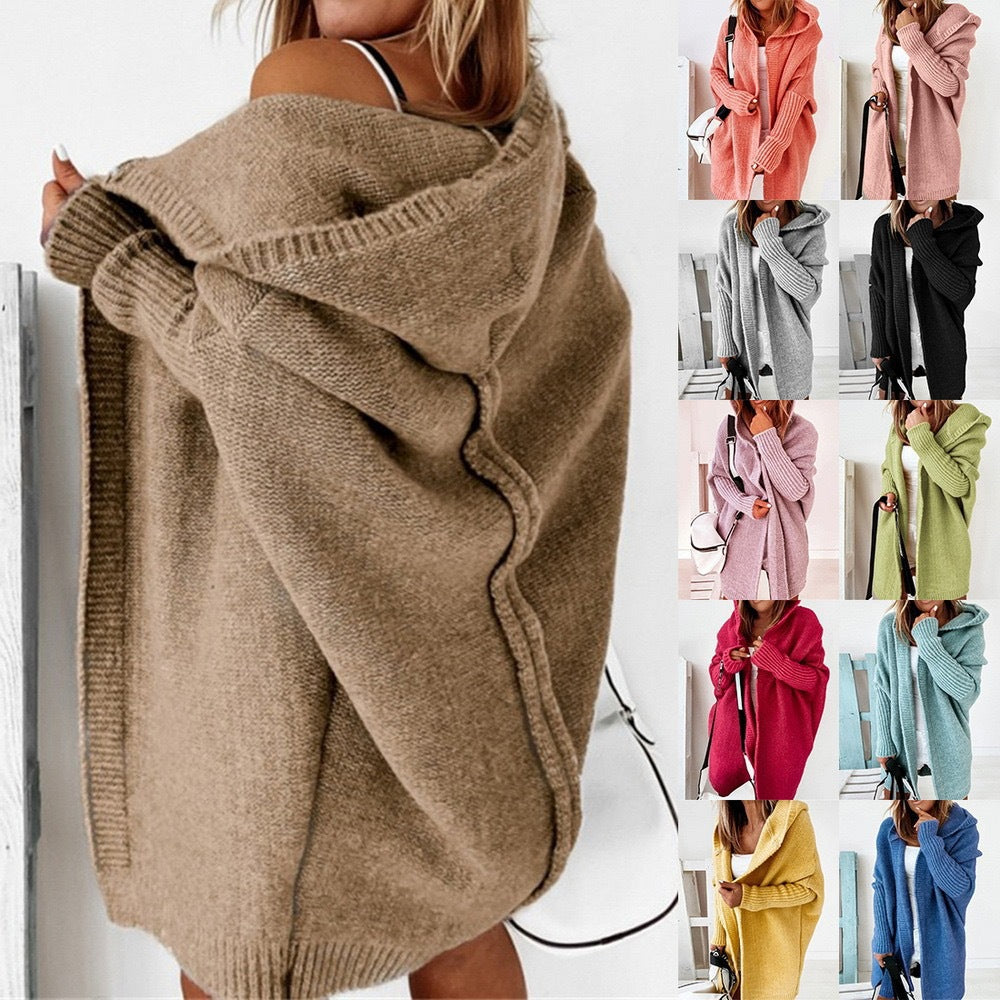 Damen Longline Kapuzen-Strickcardigan mit offener Front – Veloura