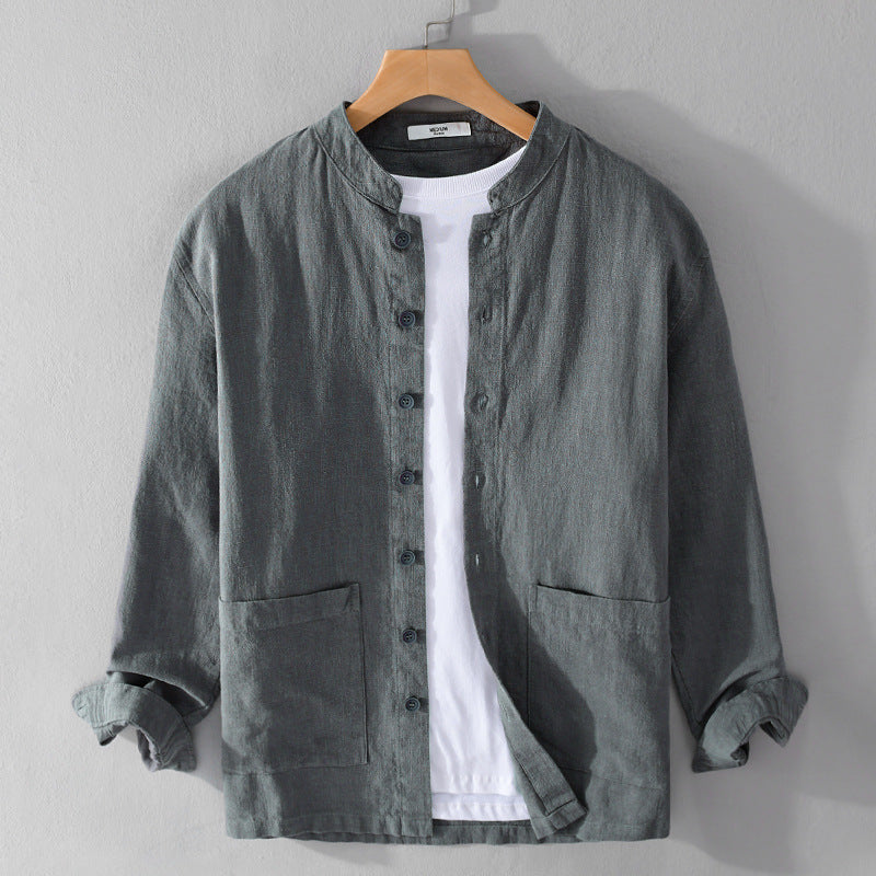 Herren Leinenjacke mit Stehkragen und aufgesetzten Taschen Echoarchiv
