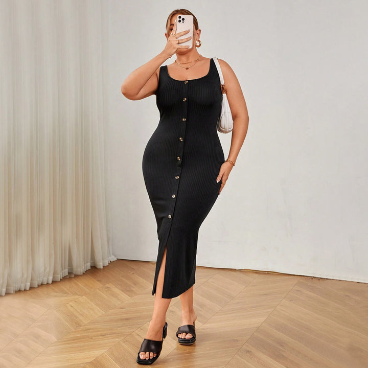 Damen figurbetontes Midikleid mit Knopfleiste und Schlitzdetail Echo Archiv