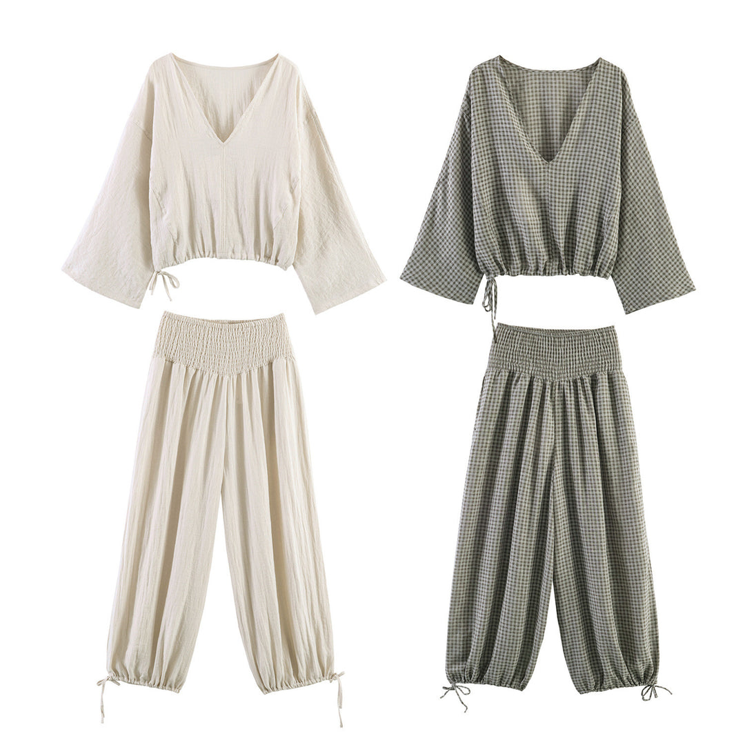 Damen lässige Bluse mit weitem V-Ausschnitt und elastischem Saum Echo Archiv