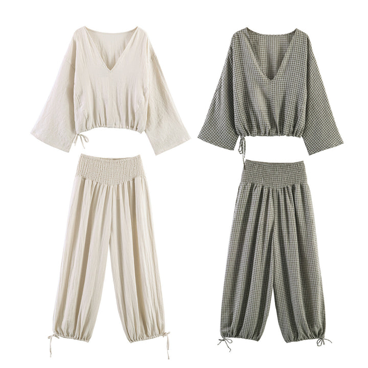 Damen lässige Bluse mit weitem V-Ausschnitt und elastischem Saum Echo Archiv