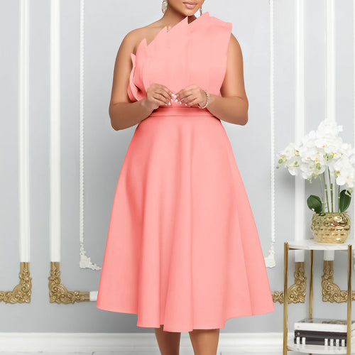 Echoarchiv | One Shoulder Midi Kleid Elegante A-Linie Passform Skulpturierte Details Festliche Kleidung