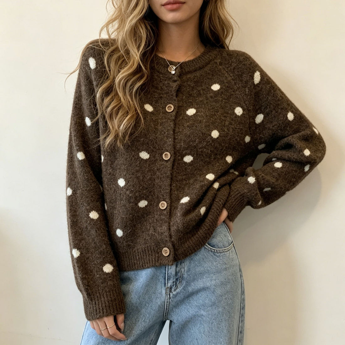 Damen Gepunkteter Mohair‑Optik Button‑Cardigan mit Rundhalsausschnitt – Veloura