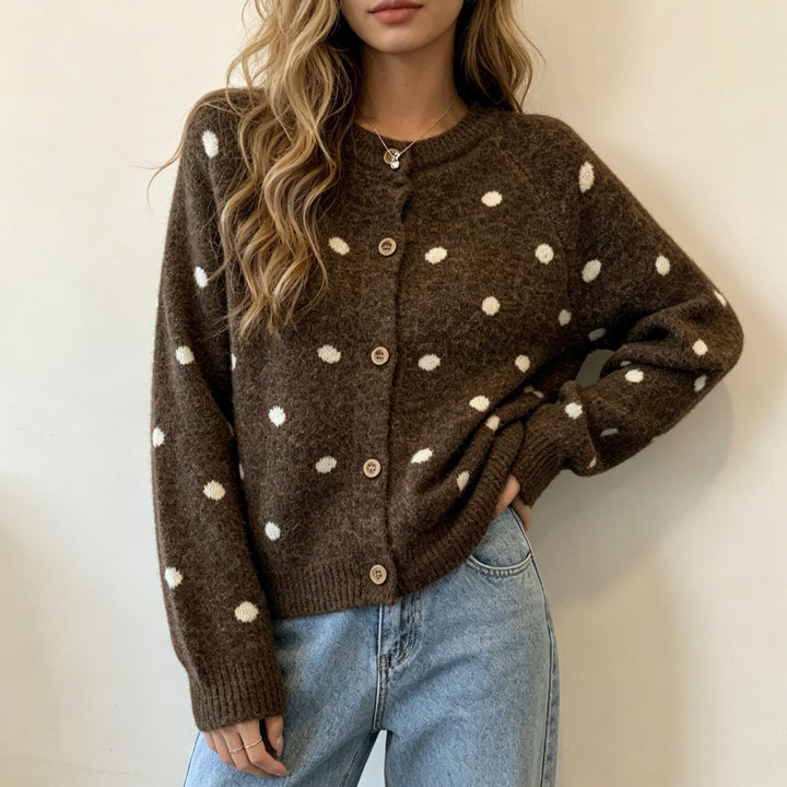 Damen Gepunkteter Mohair‑Optik Button‑Cardigan mit Rundhalsausschnitt – Veloura