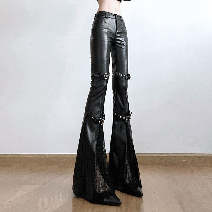 Damen Modische Kunstleder Flared Hose mit verstellbarem Bund Echo Archiv