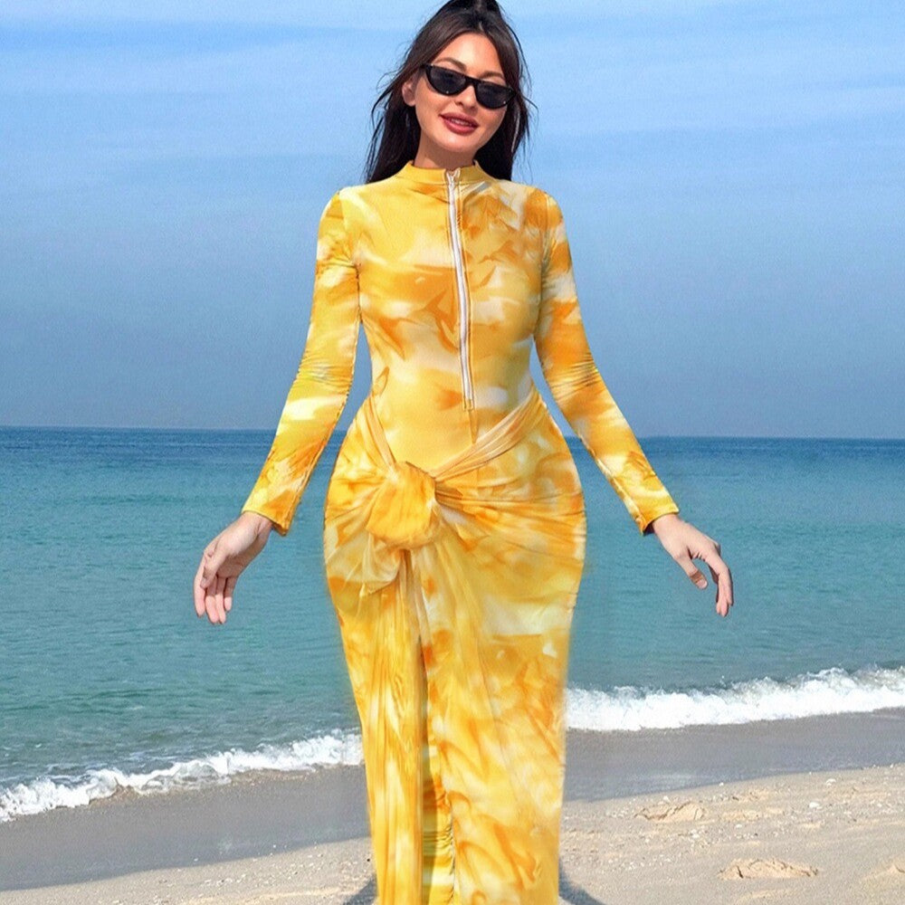 Damen Modischer Strandanzug mit langem Arm und Wickeldetail Echo Archiv