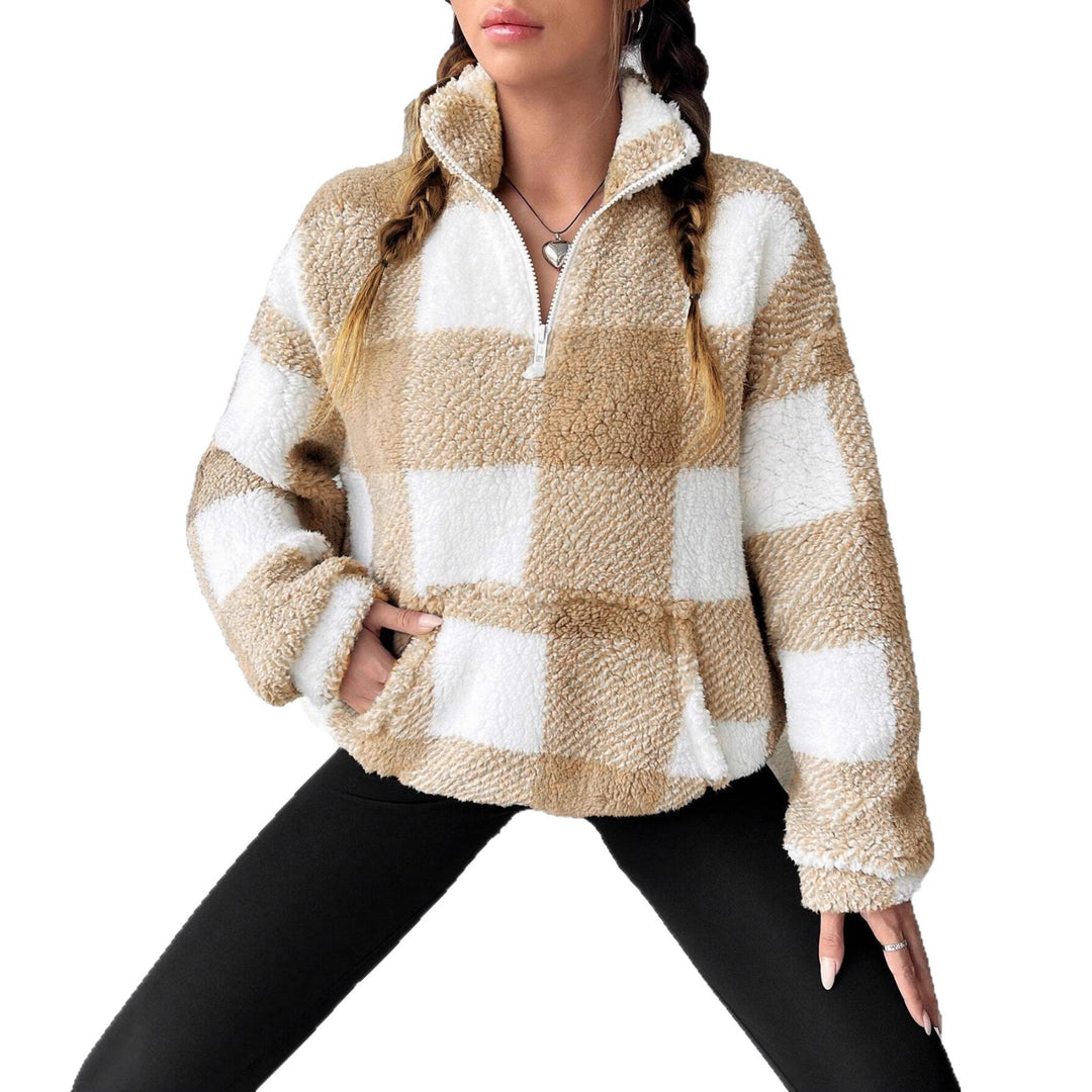 Damen nan kuscheliger Sherpa-Pullover mit Stehkragen, Half-Zip und Kängurutasche Echo Archiv