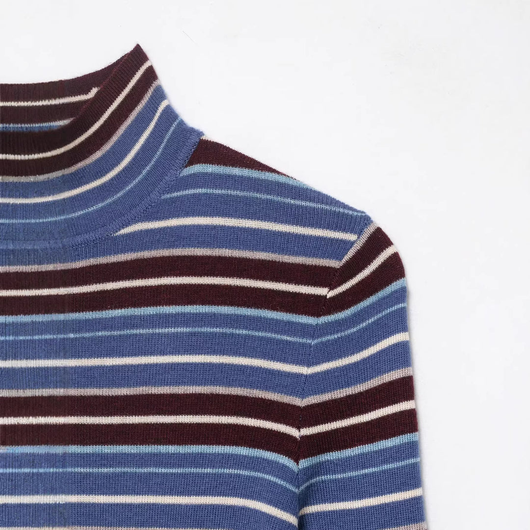 Damen Gestreifter Feinstrick-Rollkragenpullover mit schmaler Rippenstruktur Echoarchiv